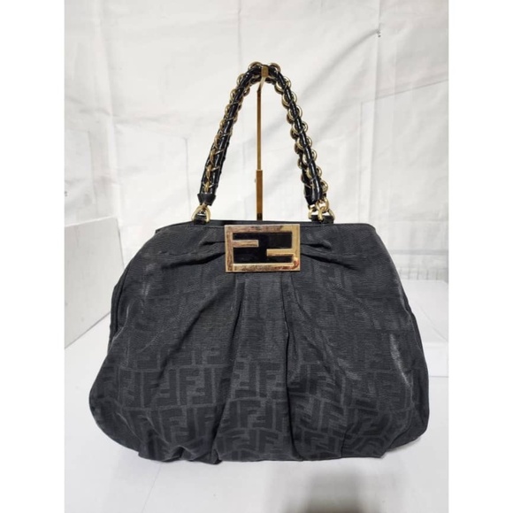 Authentic FENDI Zucca Print Canvas Large Mia Shoulder Bag Black - Picture 1 of 16